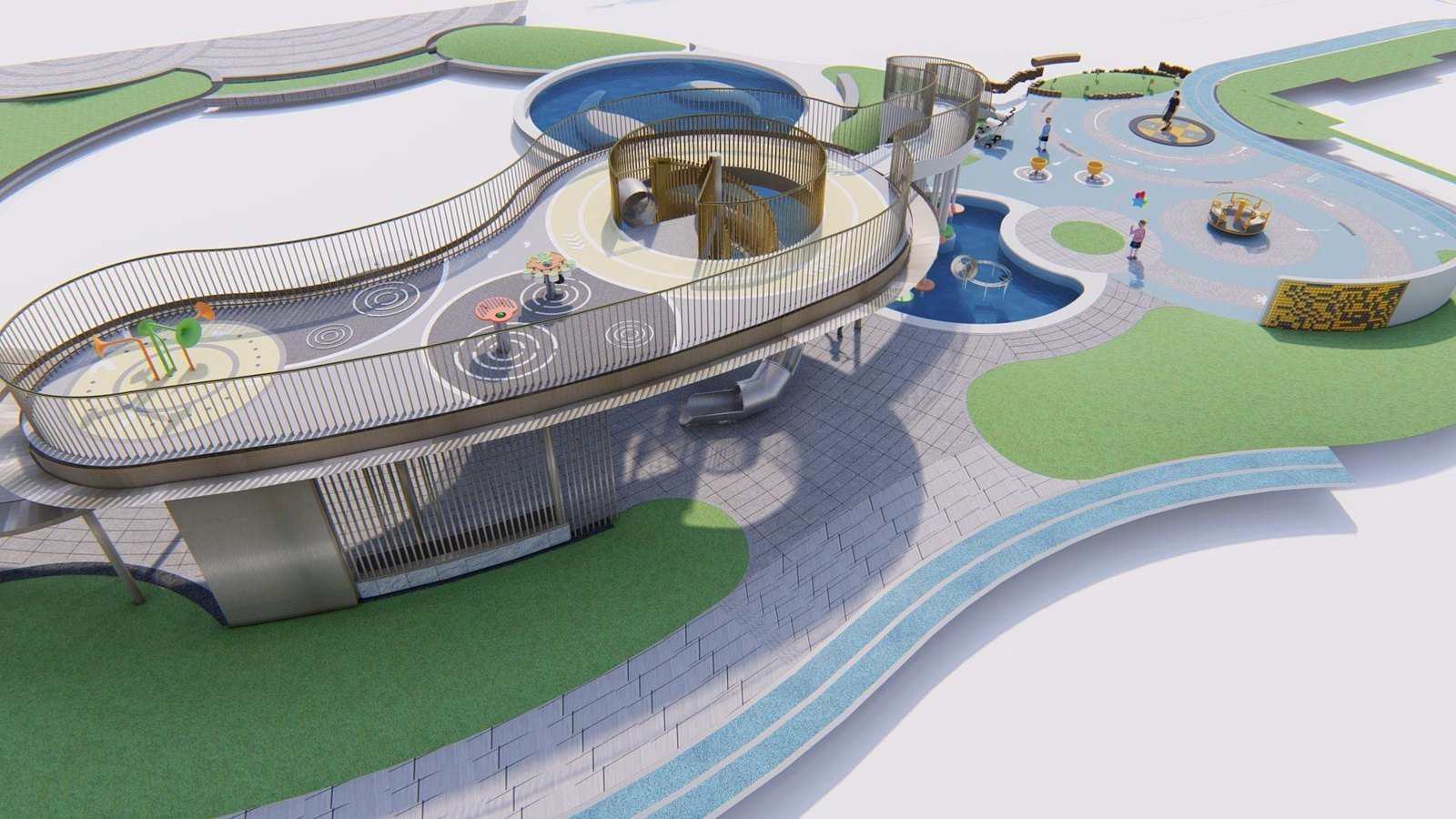 Premium outdoor play concept with curved paths and sculptural structures
