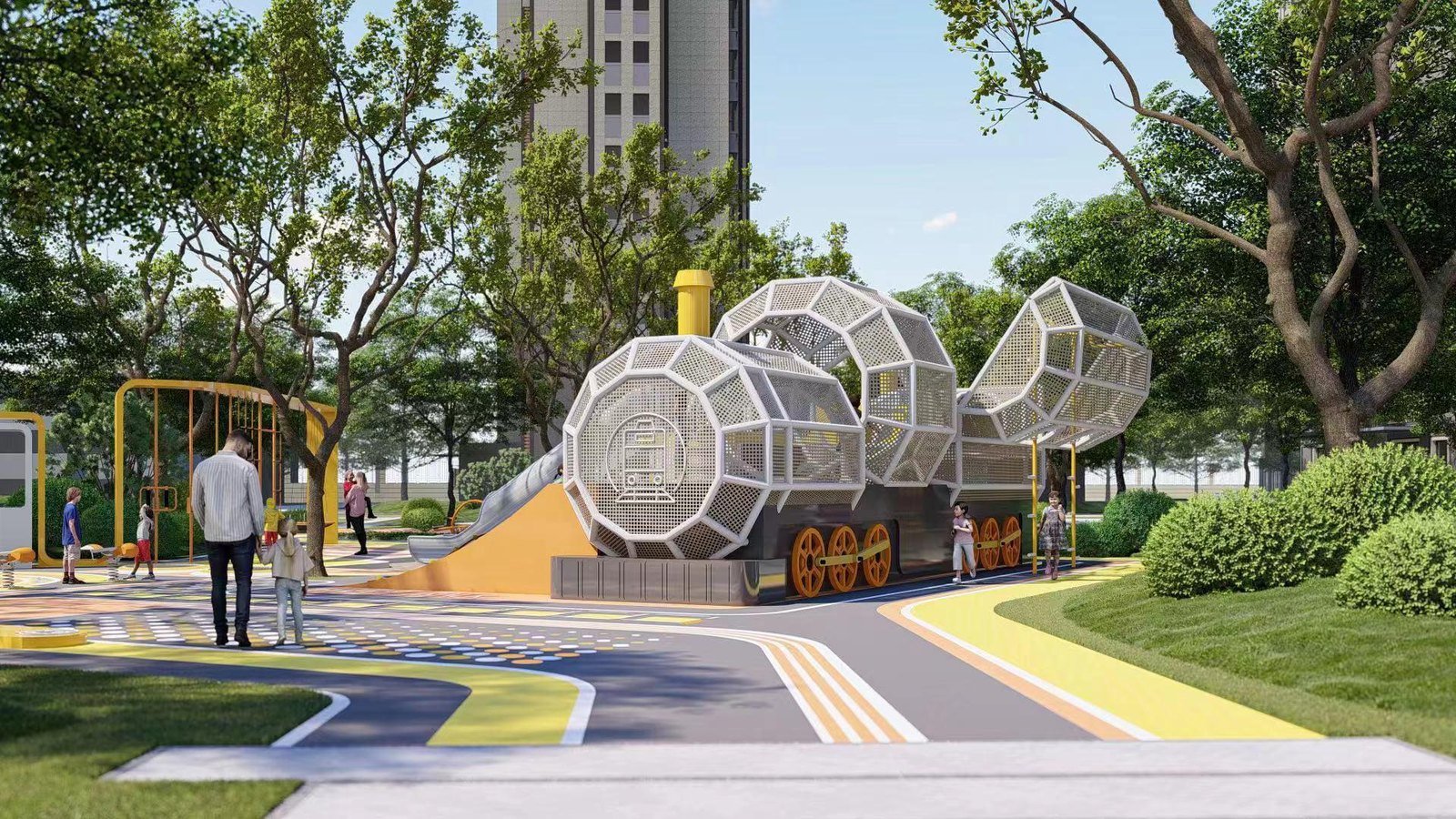Outdoor play structure in a landscaped environment