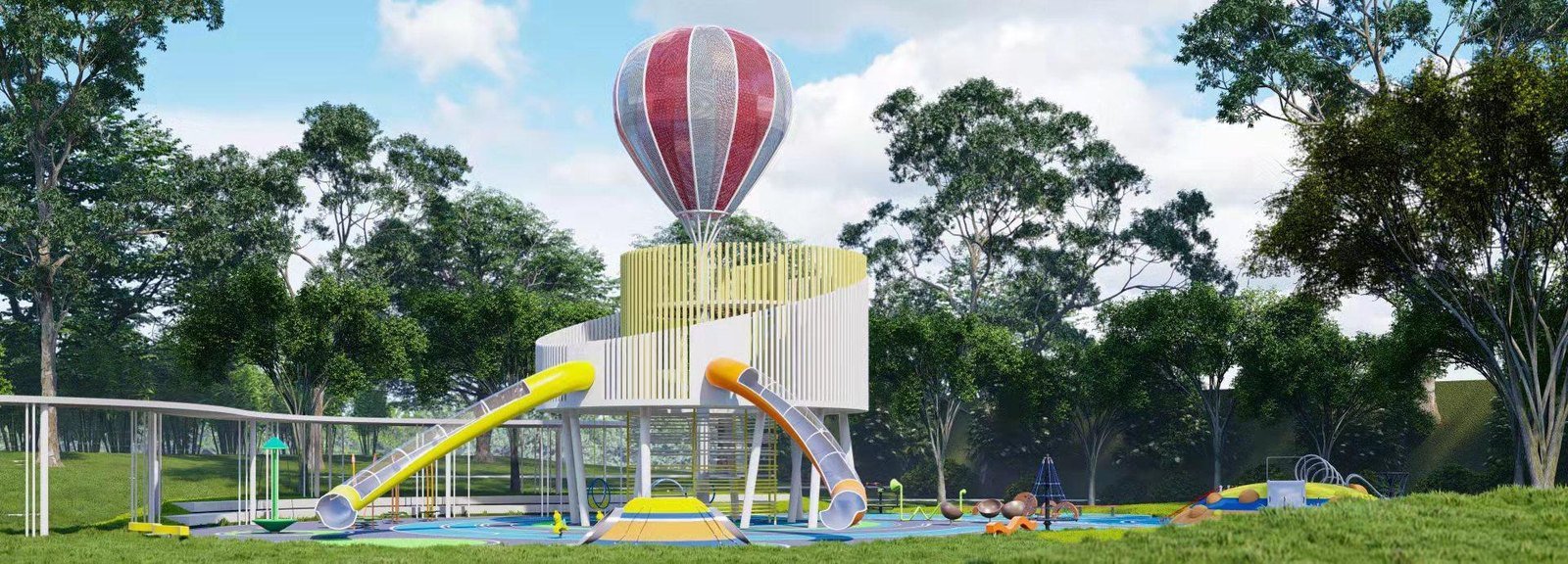 Outdoor slide and balloon-themed play installation