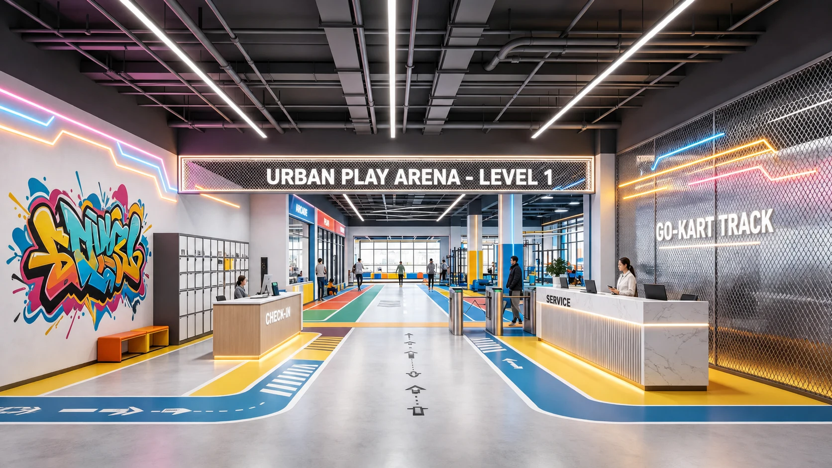 English-localized arrival and reception area for the urban sports arena