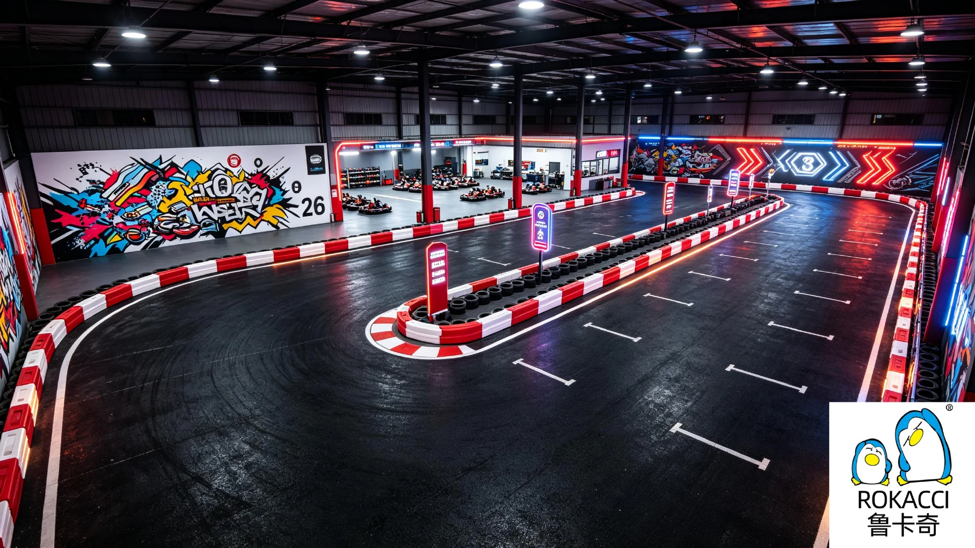 Indoor go-kart circuit concept with graphic wall art