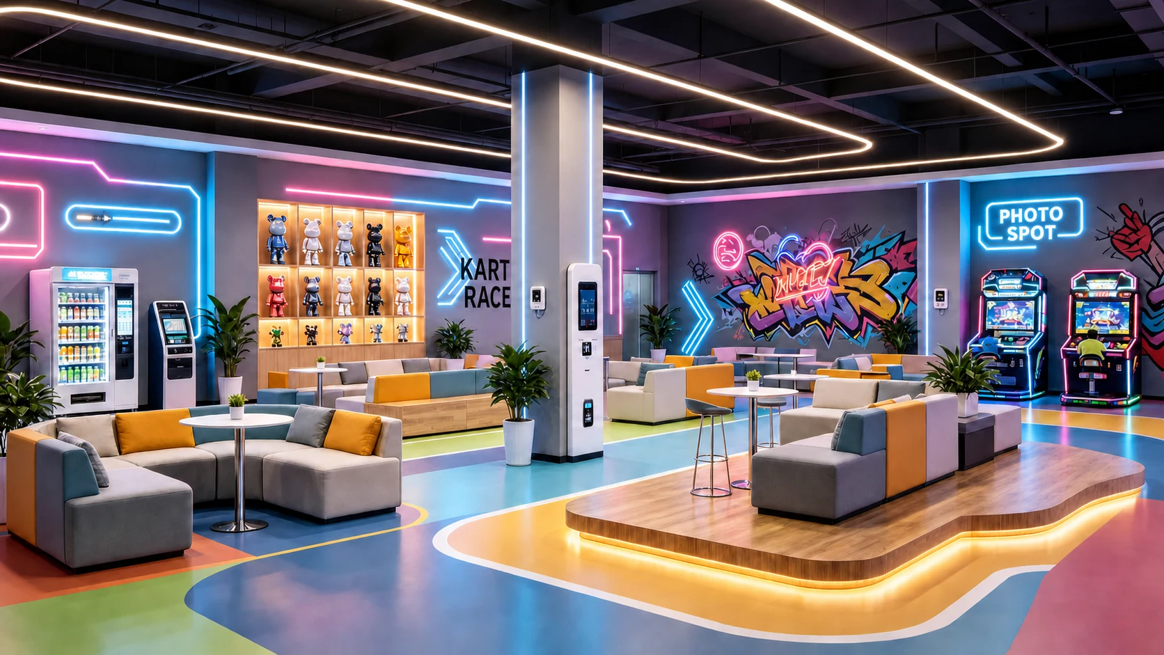 English-localized social lounge with arcade and photo point
