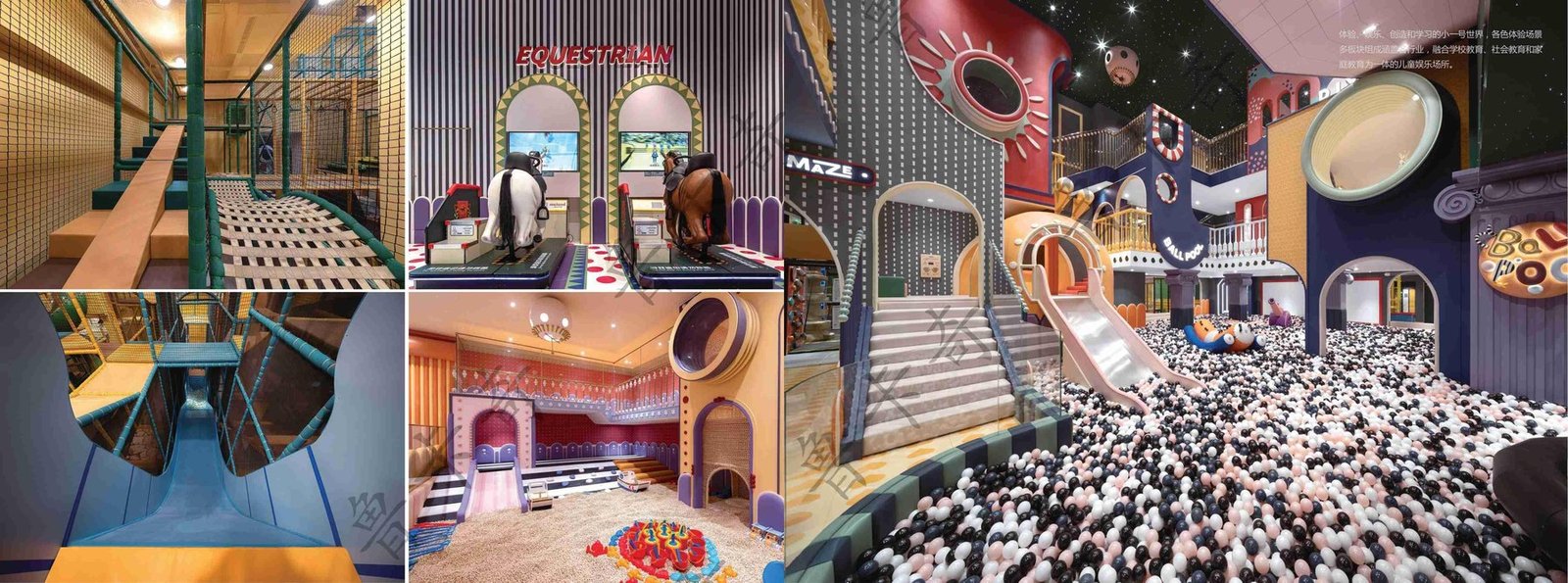 Indoor play collage with ball pool, slides, and themed children spaces