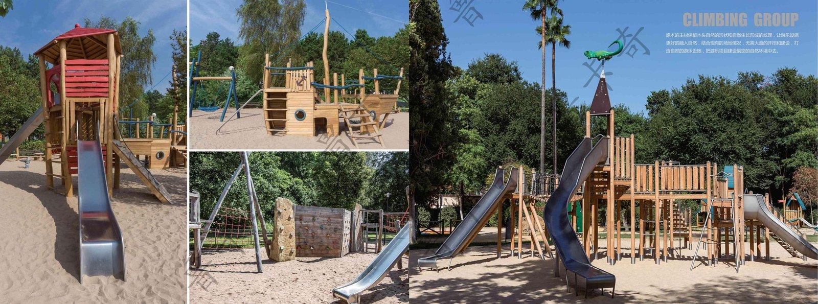 Outdoor timber climbing playground with slides and rope challenges