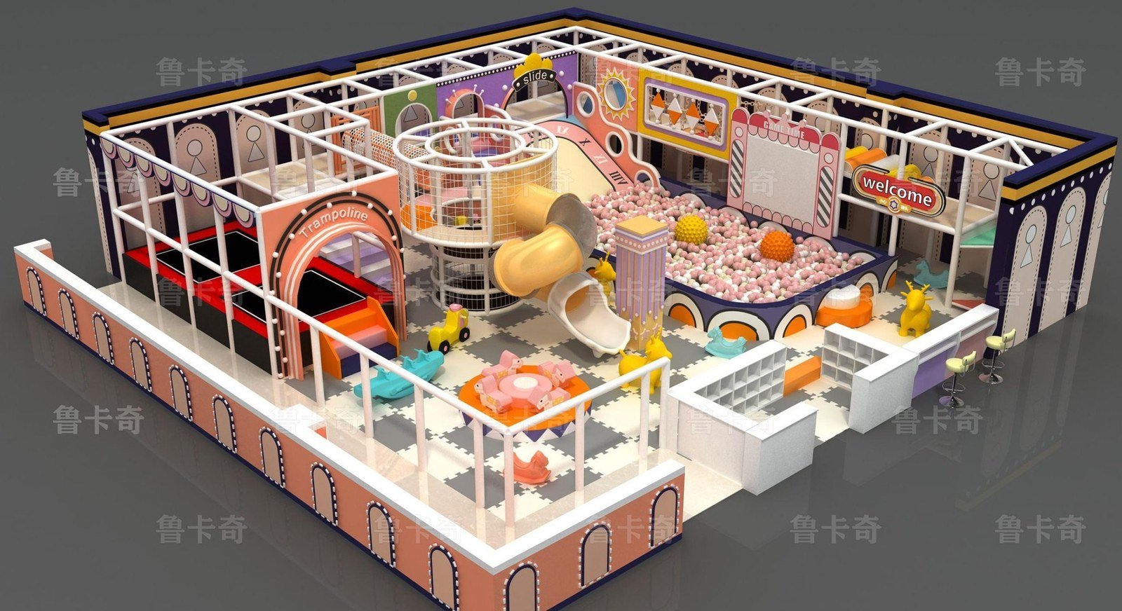 Compact indoor play concept with multiple colorful play zones
