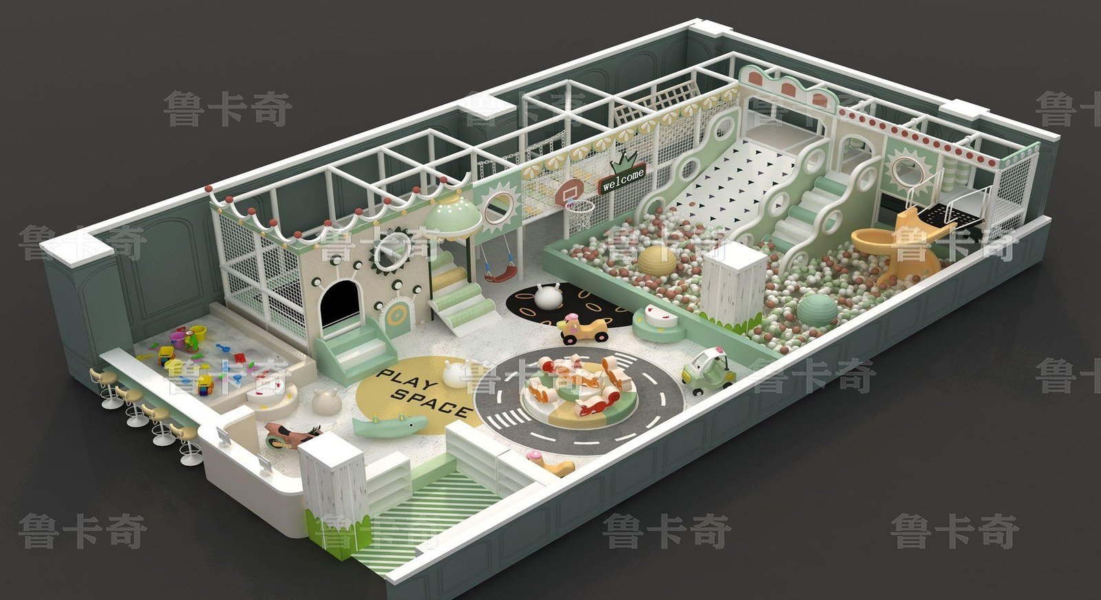 Compact indoor soft play floor plan with low structures and toddler zones