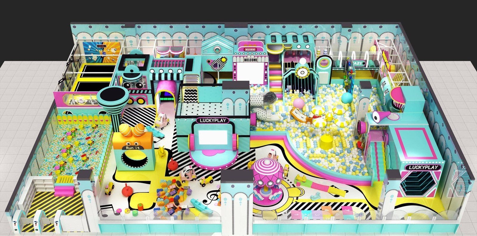 Bright colorful 300 to 400 square meter play venue concept