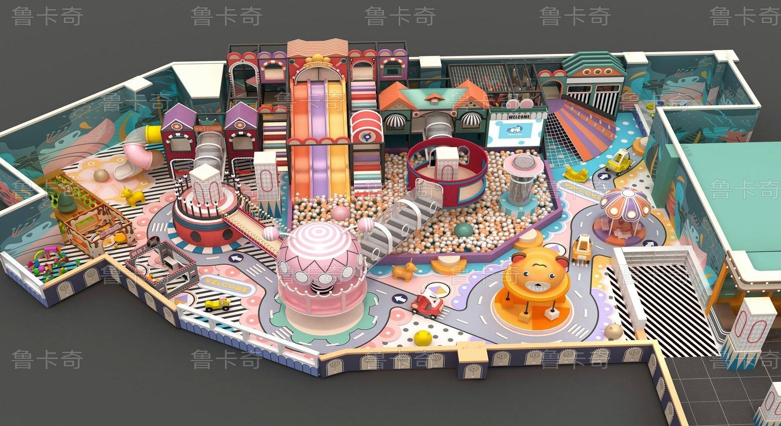 Large family indoor play court with ball pool and slides