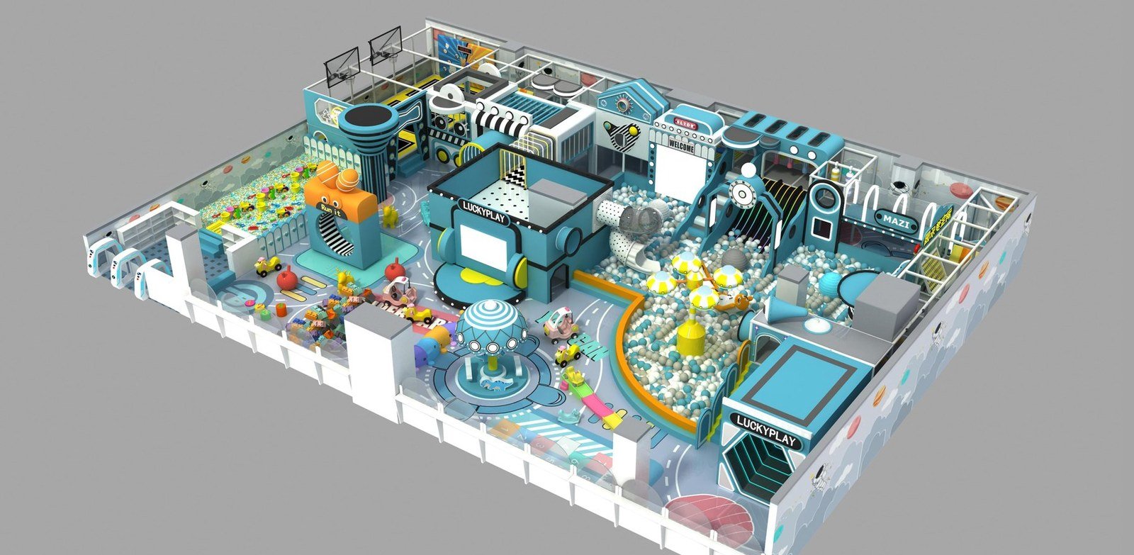 Large indoor play layout with blue and white color system