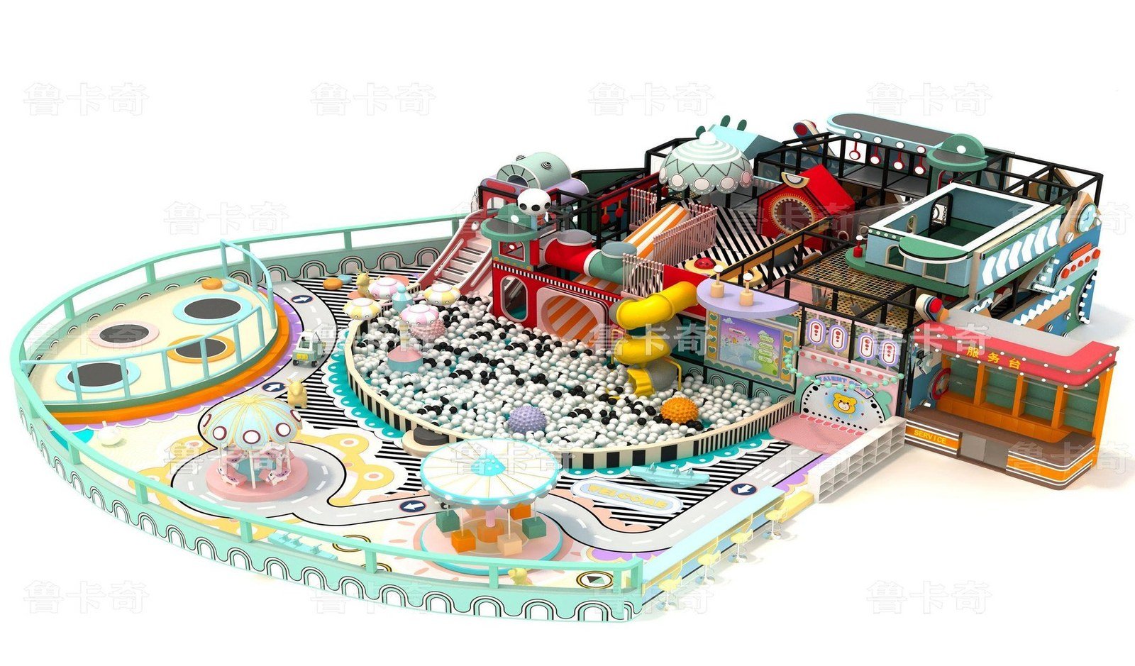 Indoor play venue with sport-themed attractions and curved layout