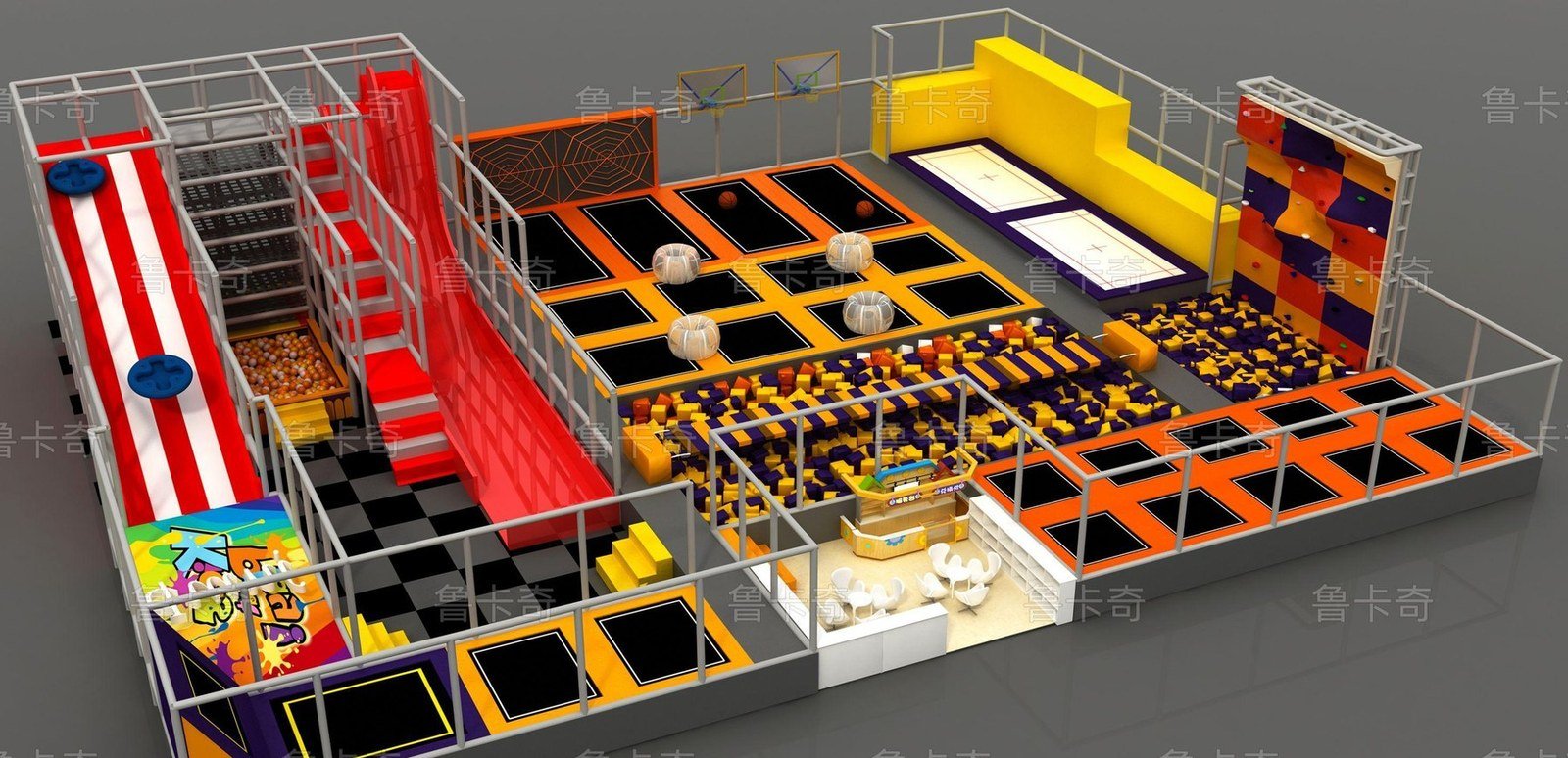 Trampoline park with large slide and yellow challenge areas