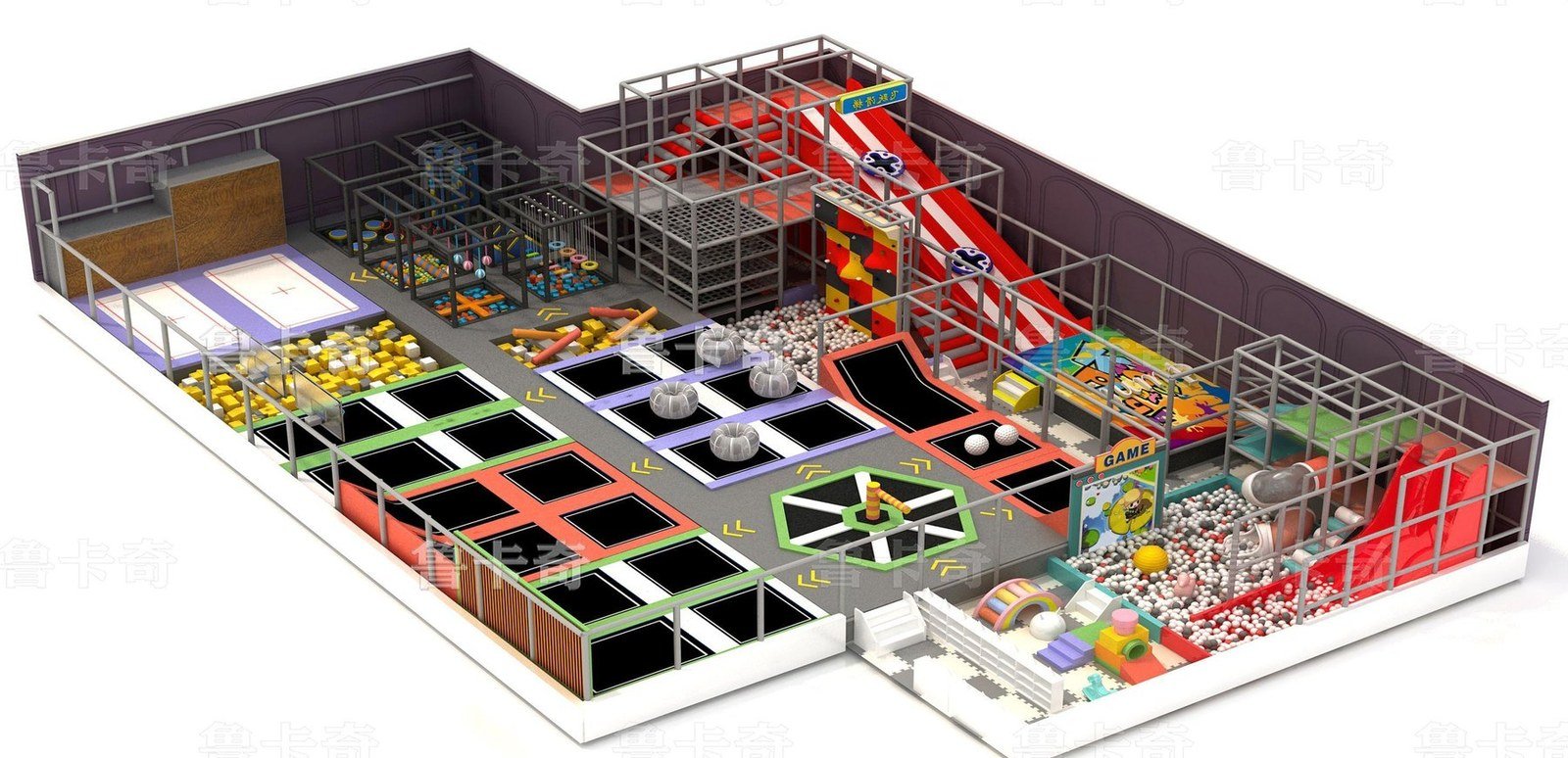 Trampoline park with long track and obstacle zones